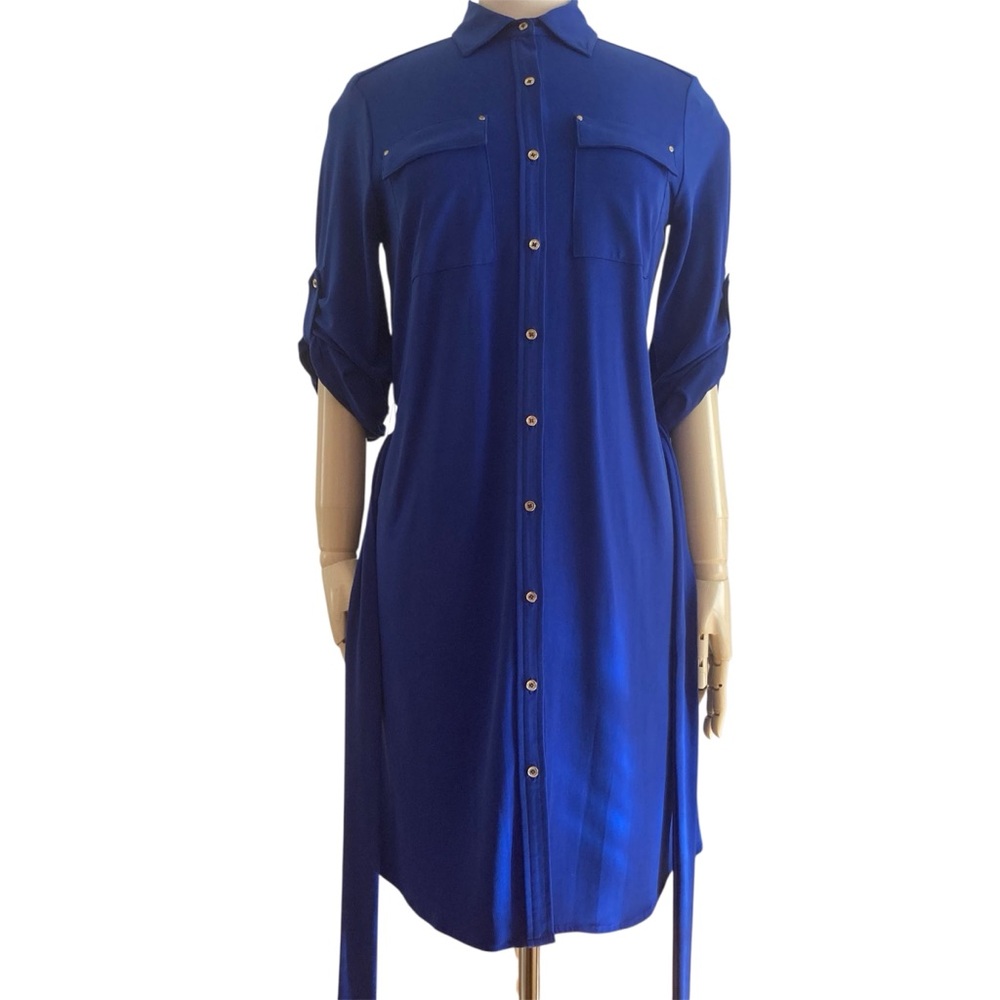 CALVIN KLEIN | Royal Blue Belted Shirt Dress Gold Button Size 6